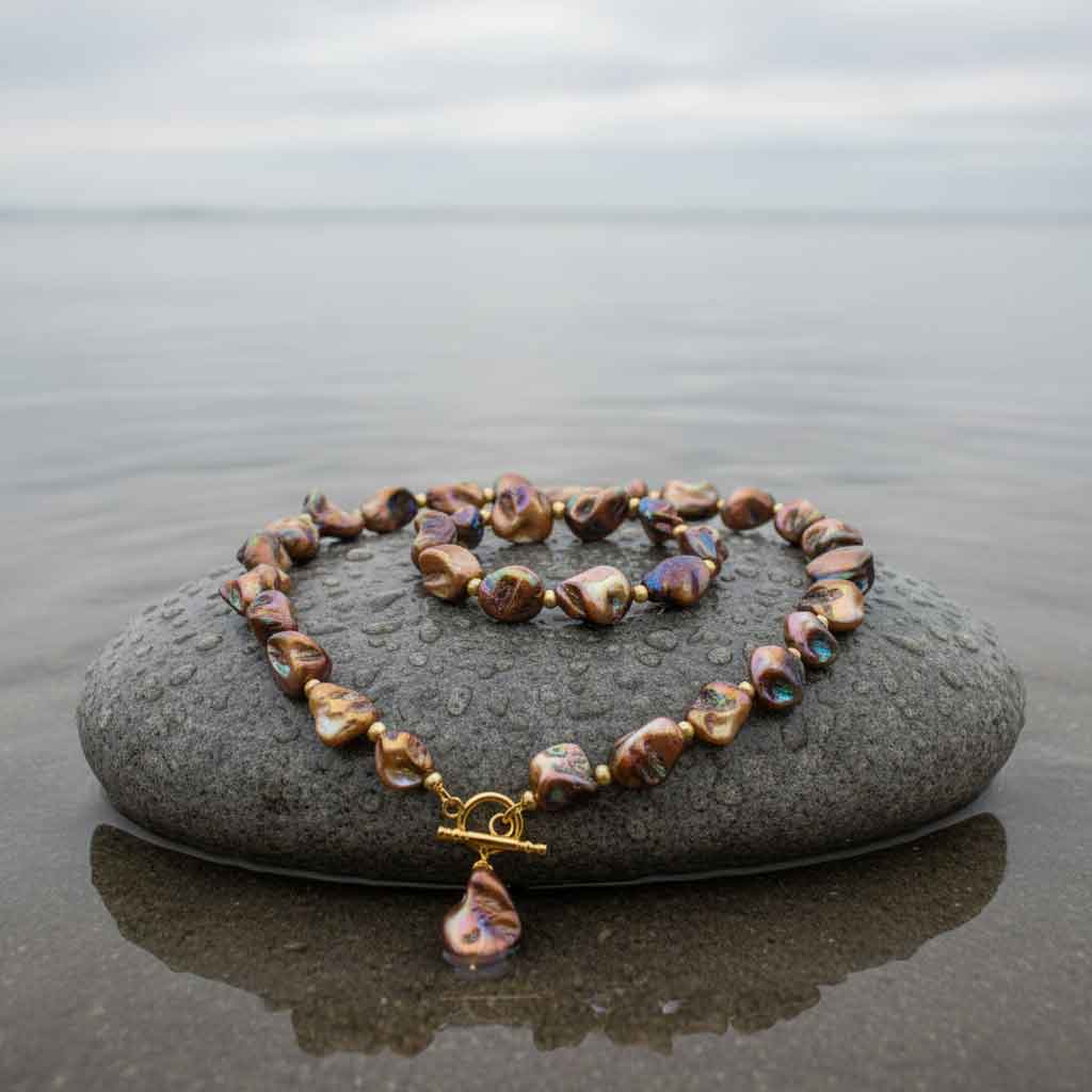 Bruin parelmoeren schelpen set met ketting en armband en goud edelstaal liggend op een natte steen | set Shell AB Brown Gold