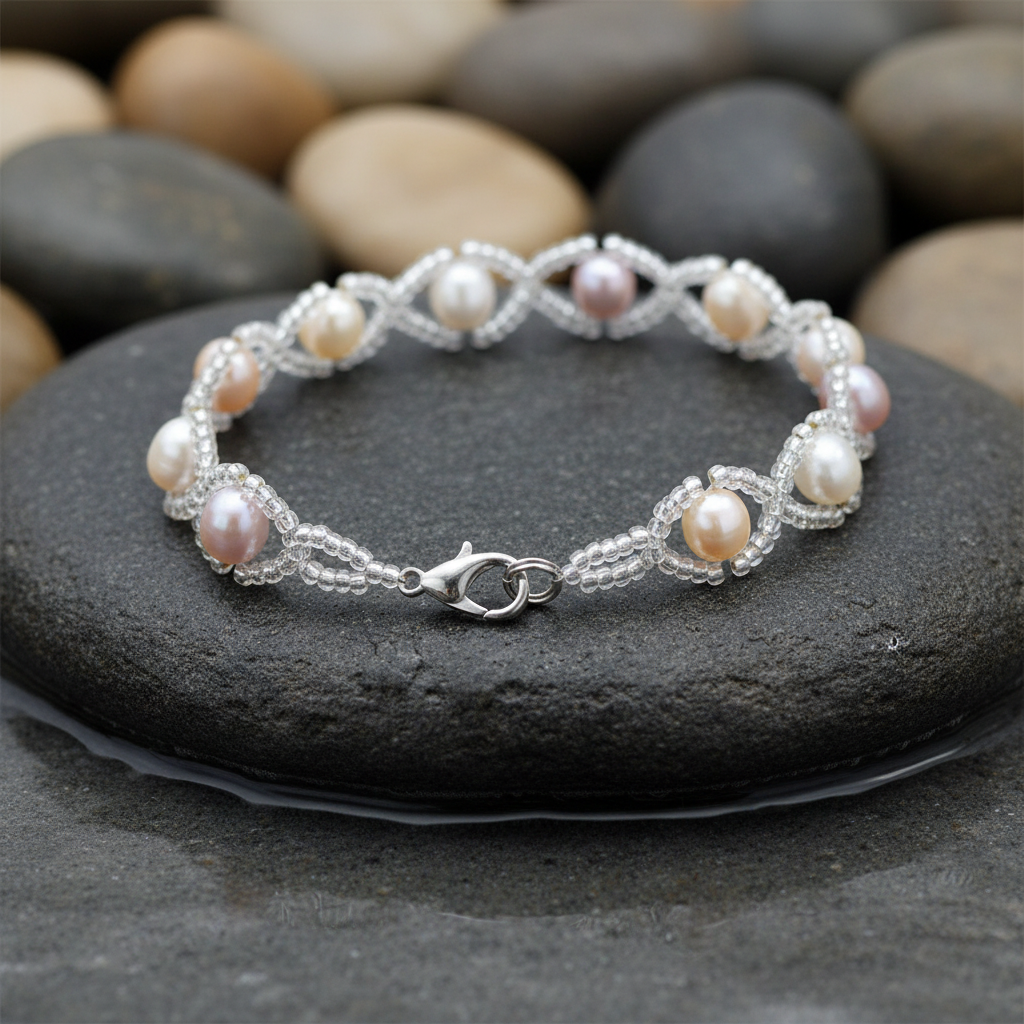 Pearl 8 Soft Colors parel armband met slotje op grijze natte steen