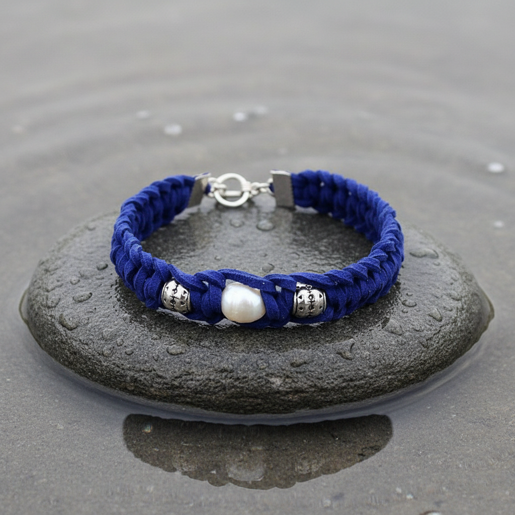 Pearl Blue Suède armband extreme close-up op grijze natte steen