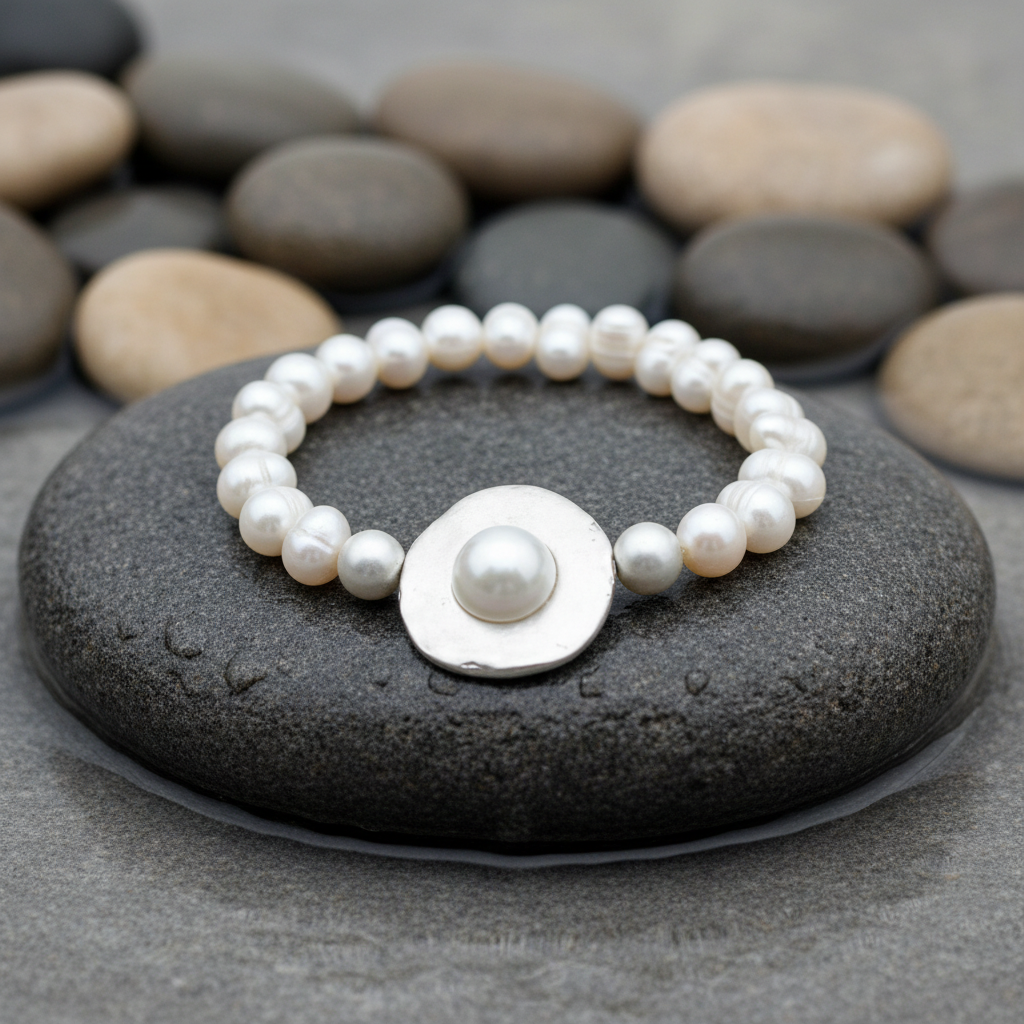 Pearl Disk armband close-up op grijze natte steen bij oever