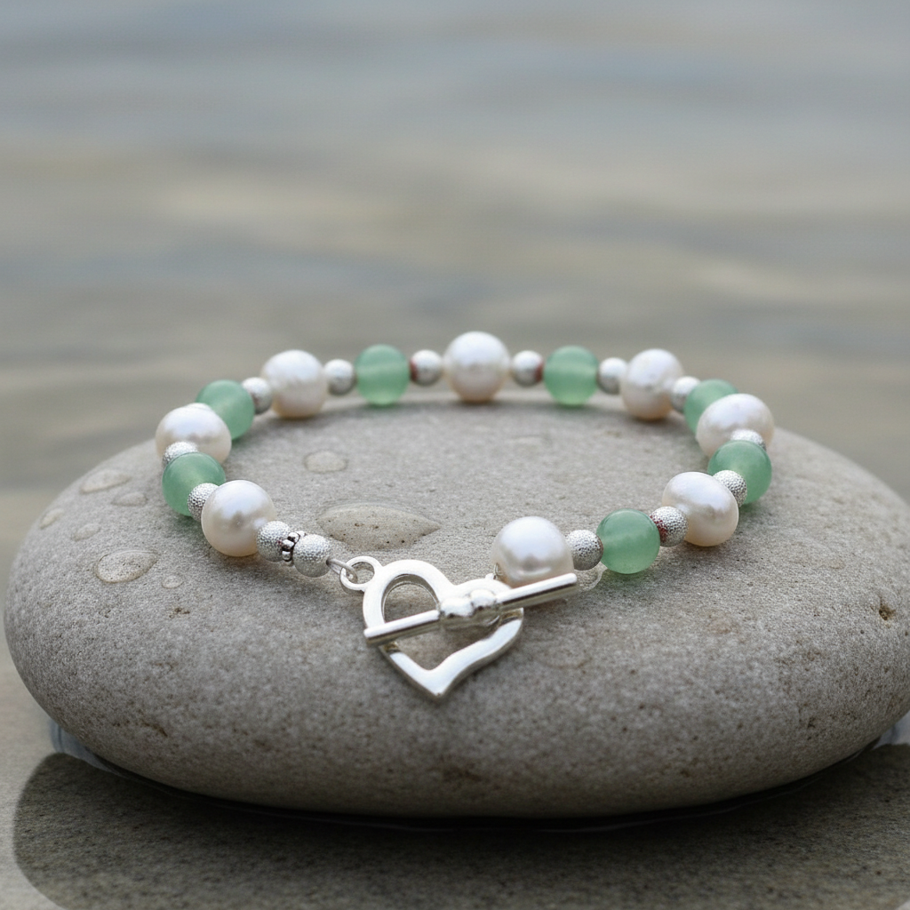Pearl Heart Green Aventurine armband op steen met water