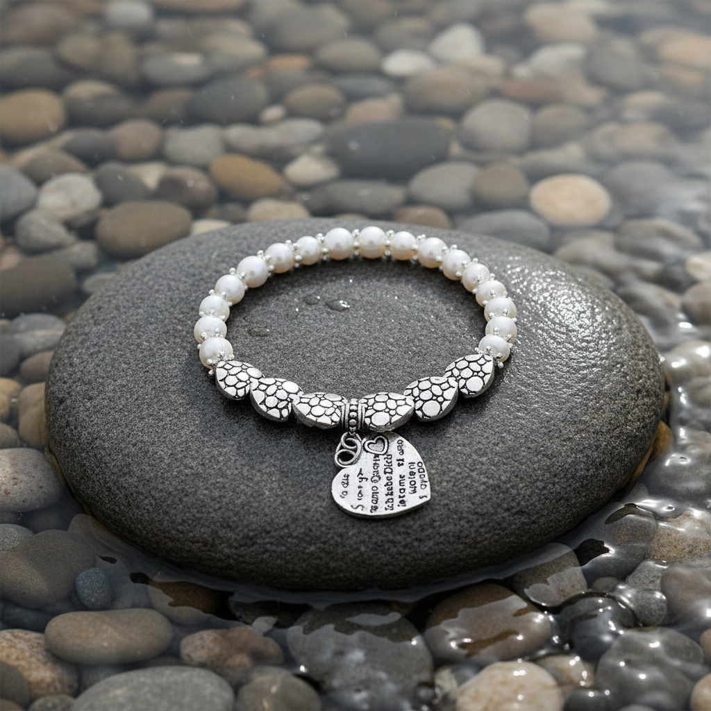 Pearl Hearts armband op grijze natte steen - verbeterde versie