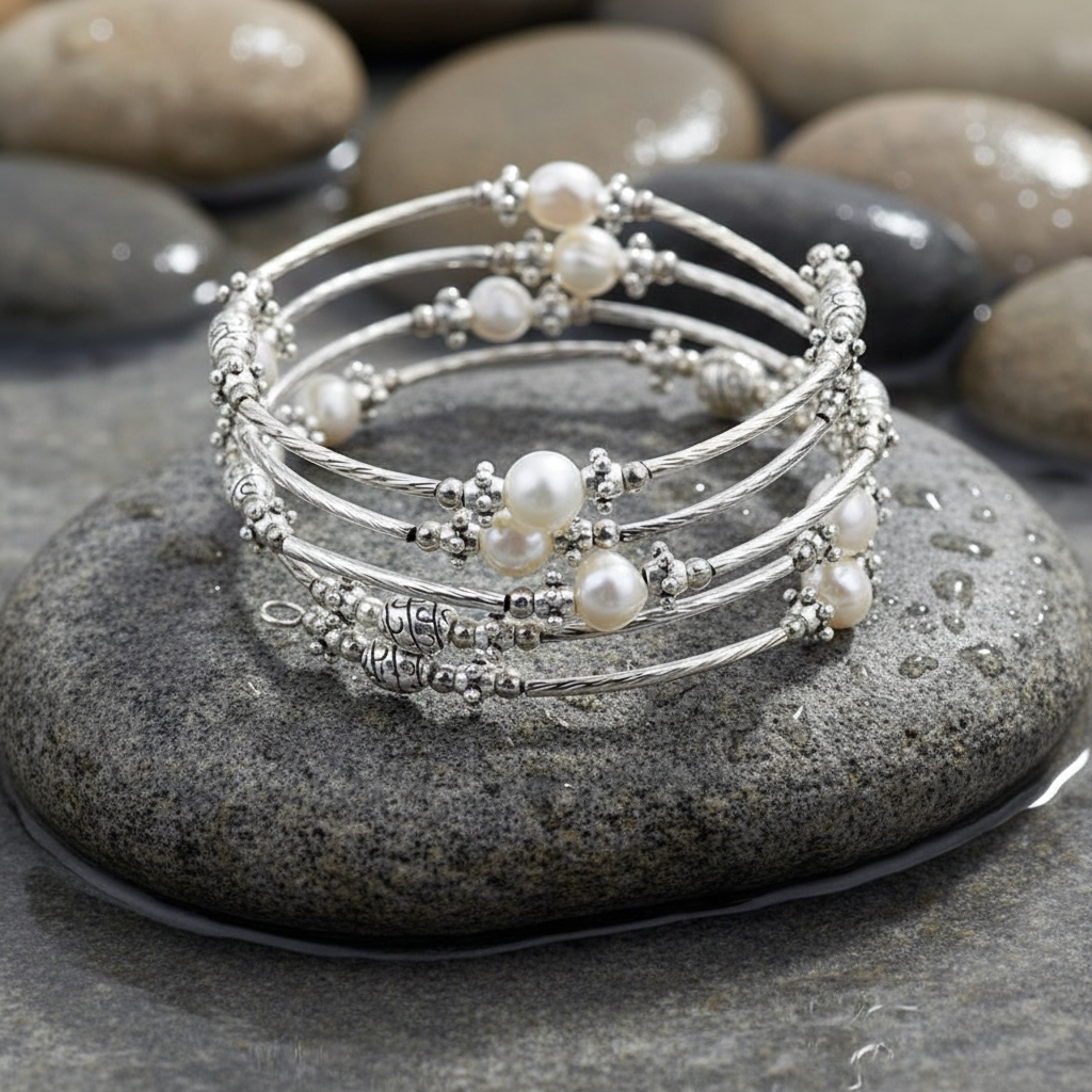 Pearl Metal Wrap Big zoetwater parel wikkelarmband close-up op grijze natte steen bij oever