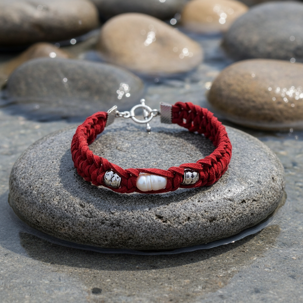 Pearl Red Suede zoetwater parel armband close-up op grijze natte steen bij oever