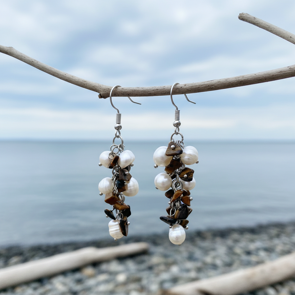 Pearl Tiger Eye Chip oorbellen aan kaal takje