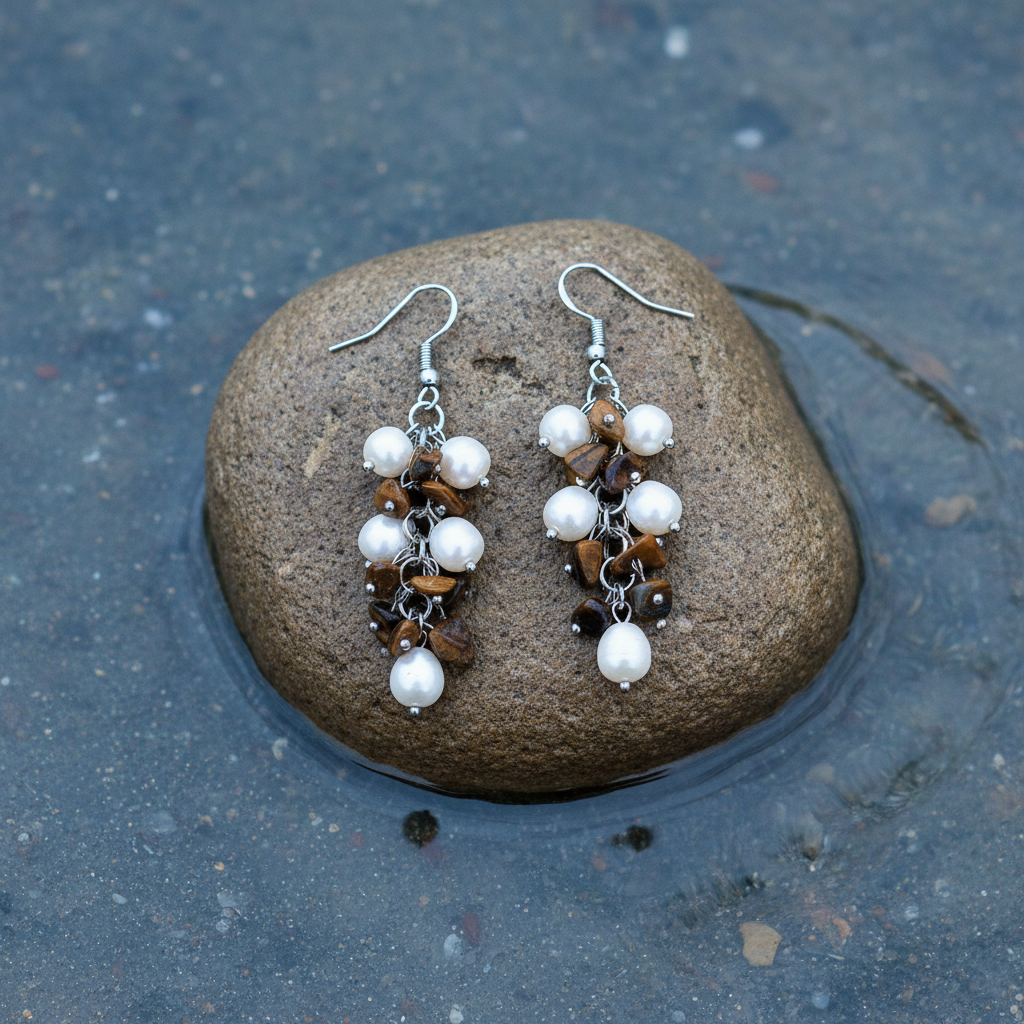 Pearl Tiger Eye Chip oorbellen bovenaanzicht close-up