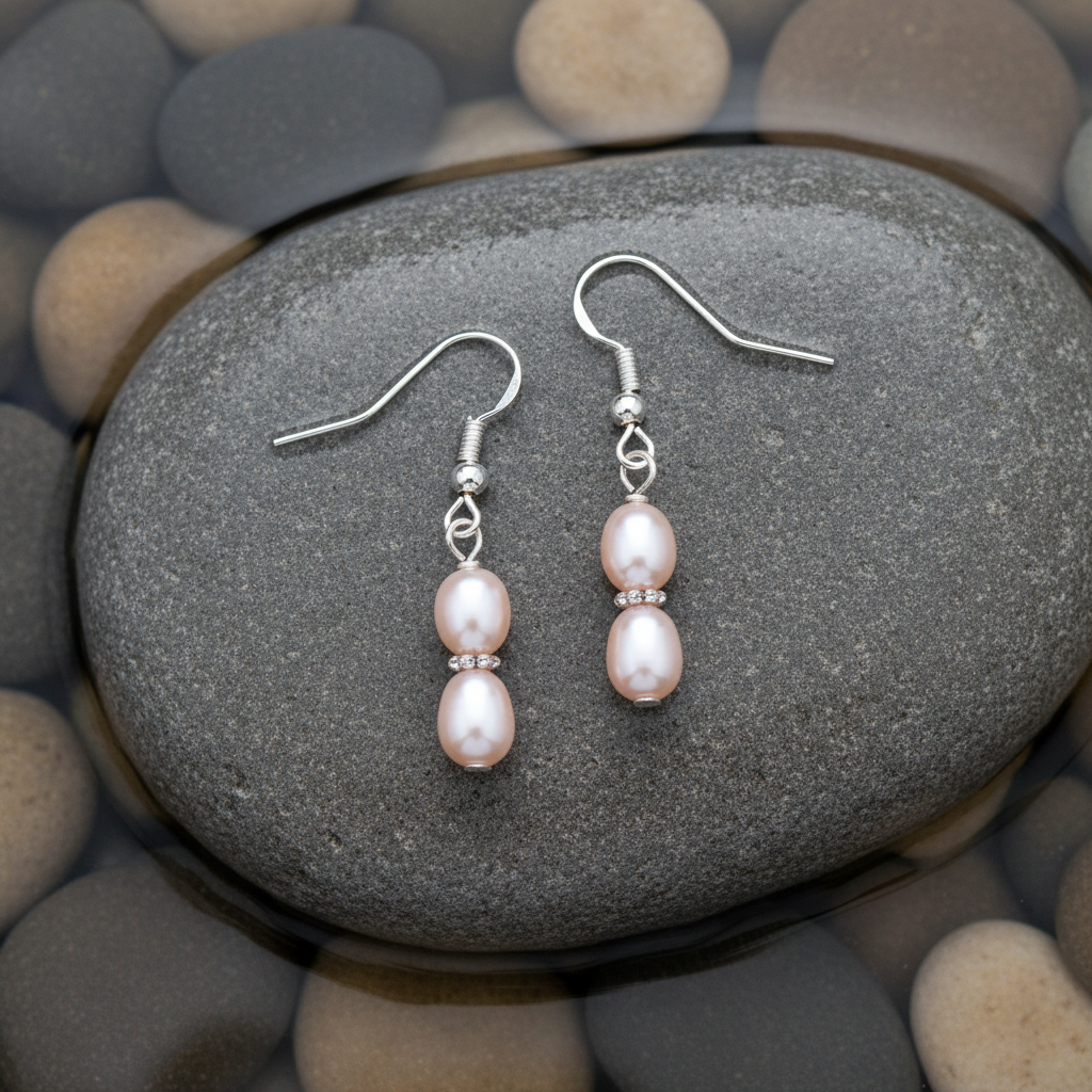 Pini parel oorbellen - bovenaanzicht op grijze natte steen