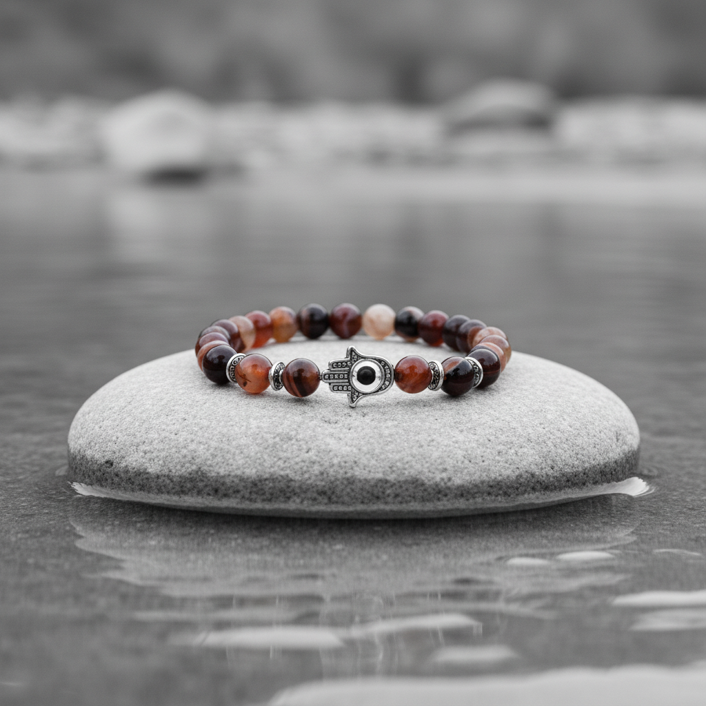 Red Lace Agate Hamsa armband aan de waterkant