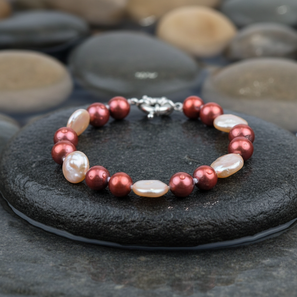 Red Pearl Peach Coin parel armband close-up op grijze natte steen bij oever