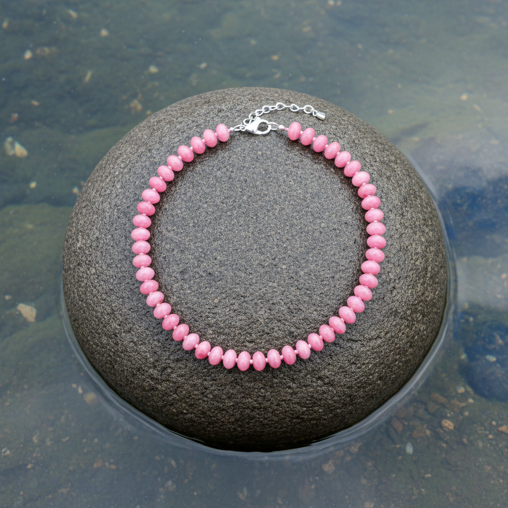 Donker roze handgeknoopte edelstenen  ketting met sterling zilver (925) liggend op steen in water | Cherry Quartz Rondelle