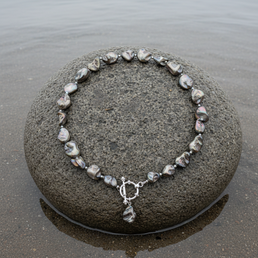 Schelpen ketting Shell AB Grey close-up bovenaanzicht grijs-bruin