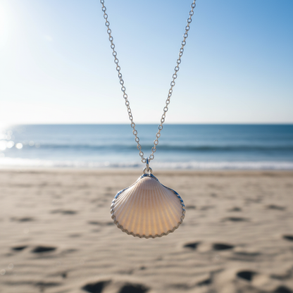 Schelpen ketting met witte schelp hanger met achtergrond strand en zee  | White Cockel Shell Silver
