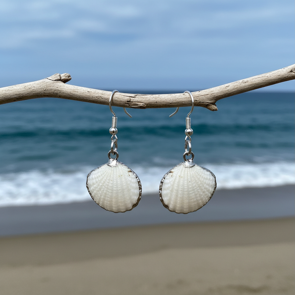 Schelpen oorbellen White Cockel Shell Silver neutraal strand diep blauw water