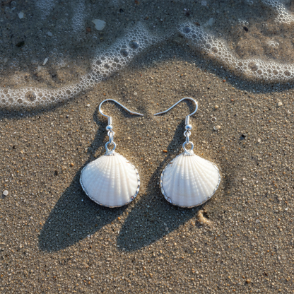 Extreme close-up schelpen oorbellen White Cockel Shell Silver strand