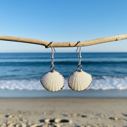 Schelpen oorbellen White Cockel Shell Silver zonnige dag