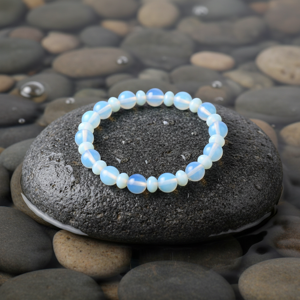 Sea Opal Big and Small edelstenen armband close-up op grijze natte steen bij oever