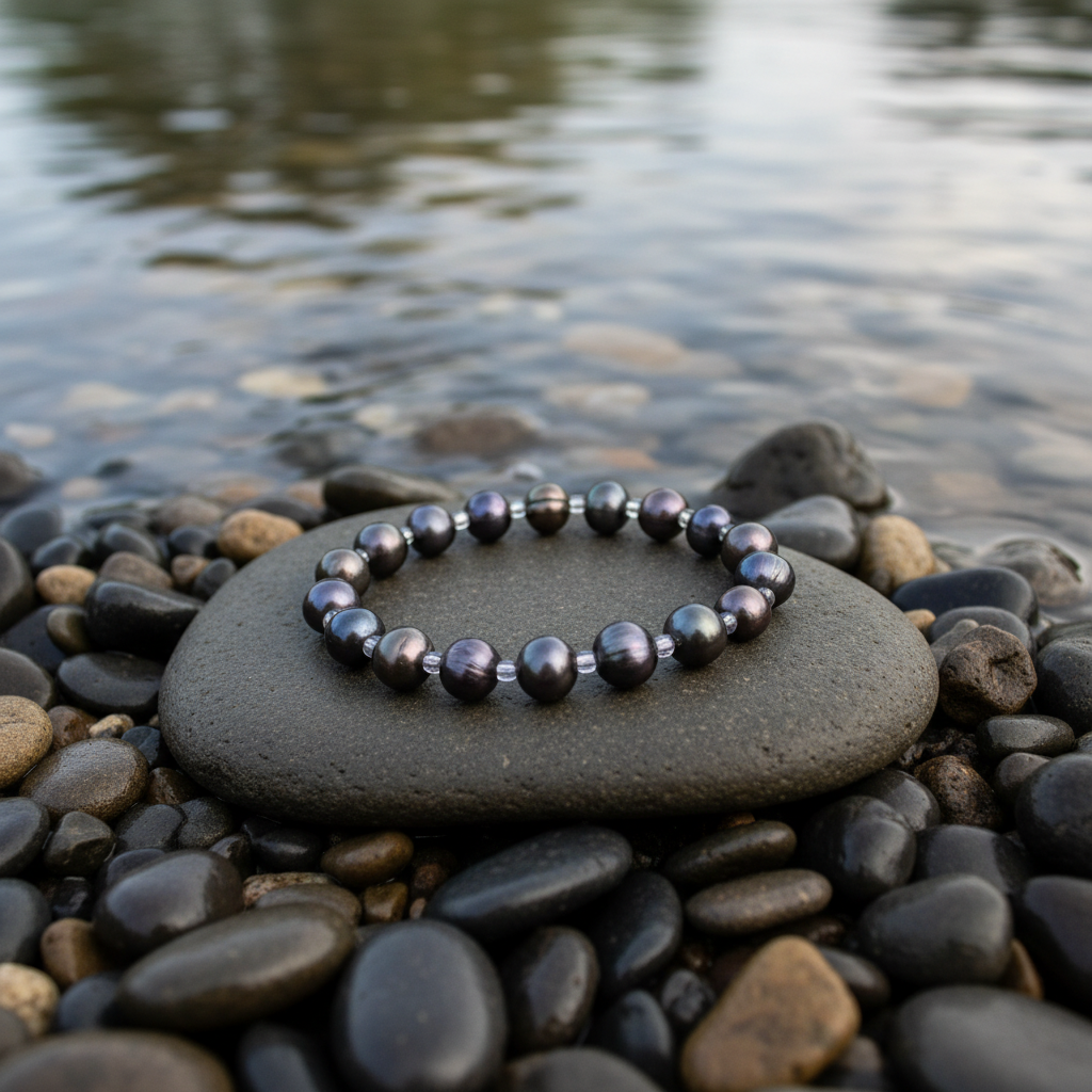 Seed Bead Pearl Dark armband bij water