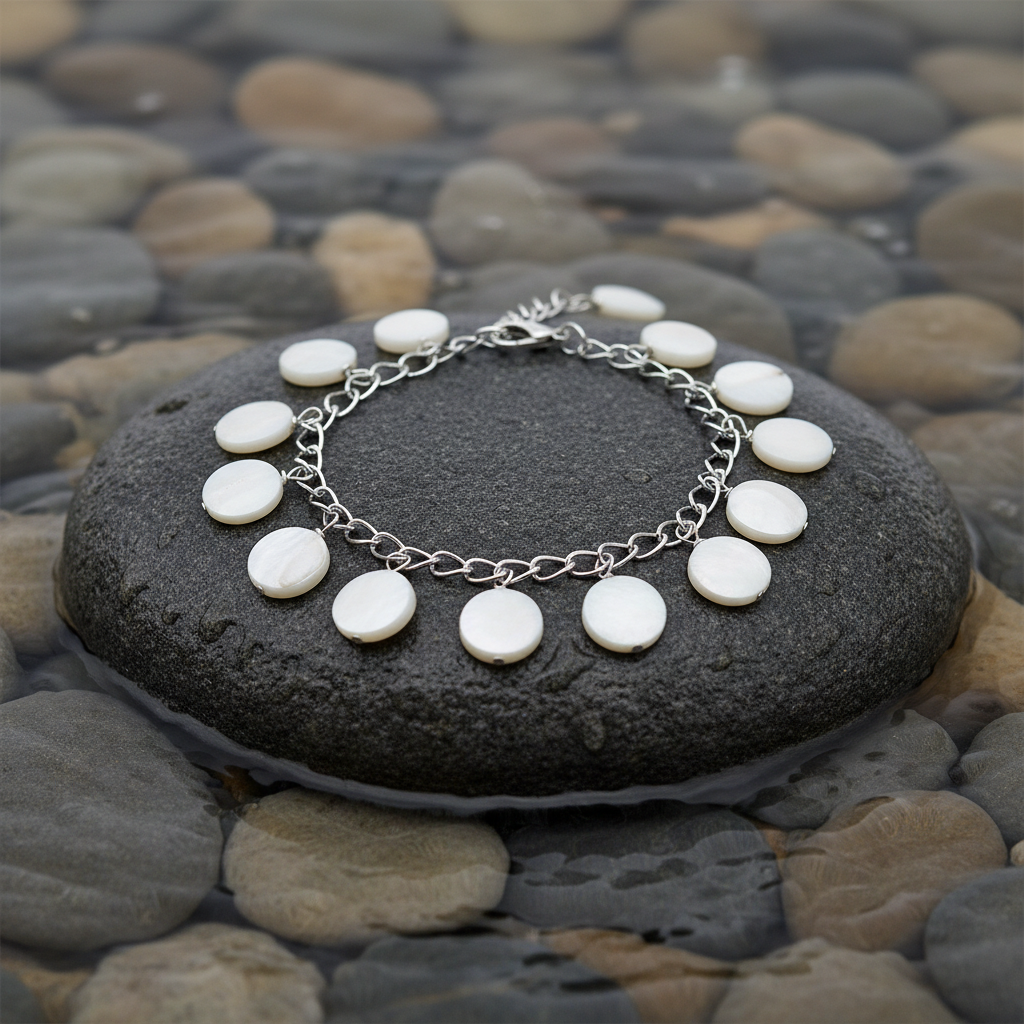 Shell Round White armband gesloten cirkel op grijze natte steen