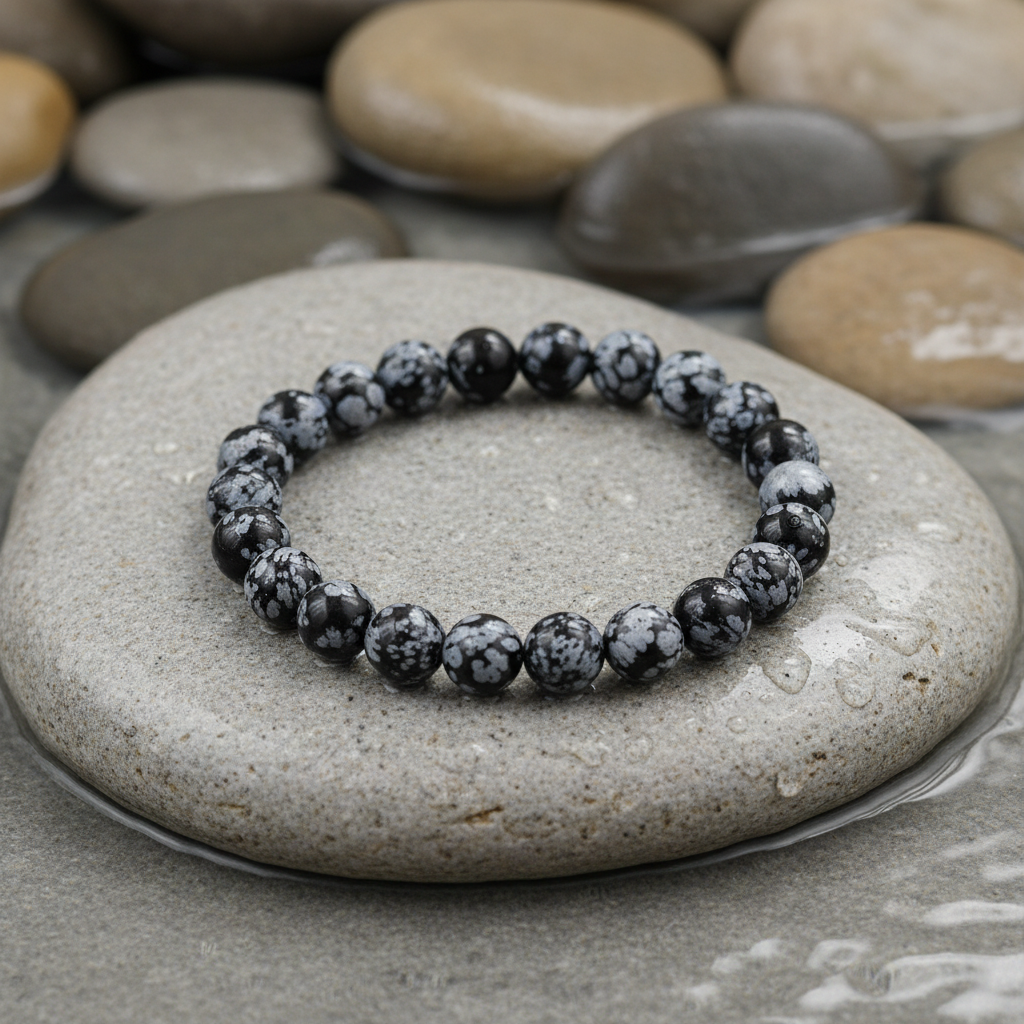 Snowflake Obsidian armband op natuurlijke licht grijze steen