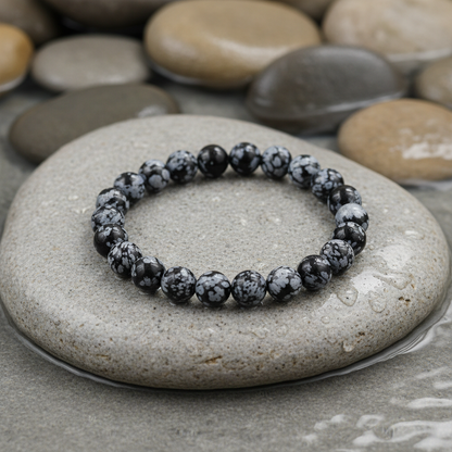 Snowflake Obsidian armband op natuurlijke licht grijze steen