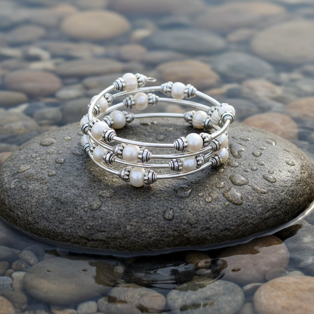 Three Loops White Pearl zoetwater parel wikkelarmband close-up op grijze natte steen bij oever