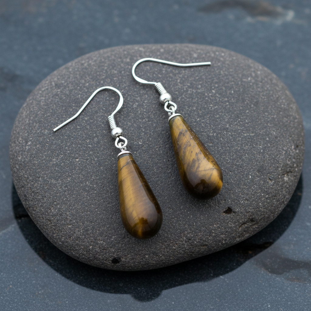 Tiger Eye oorbellen bovenaanzicht close-up