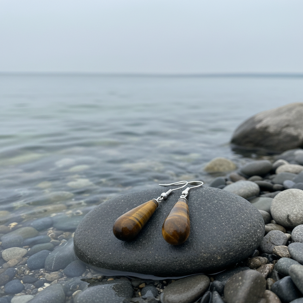 Tiger Eye oorbellen op steen bij waterrand