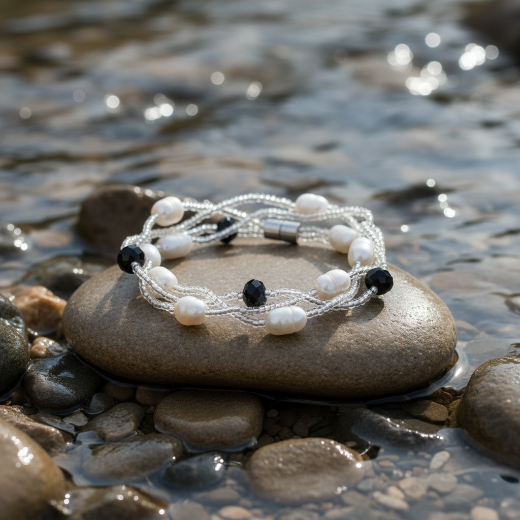 Twine Pearl Black Crystal armband bij water