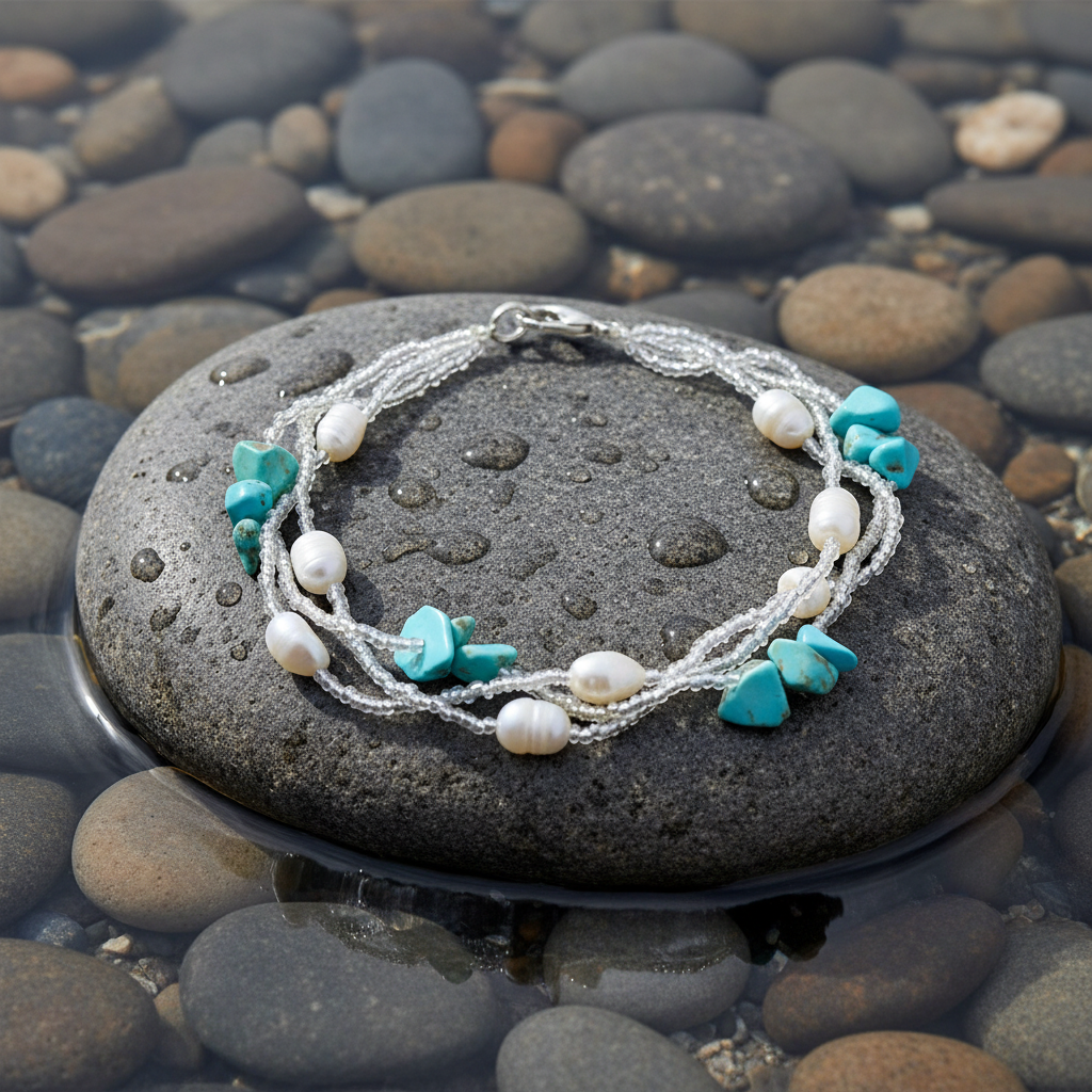 Twine Pearl Turquoise zoetwater parel armband close-up op grijze natte steen bij oever