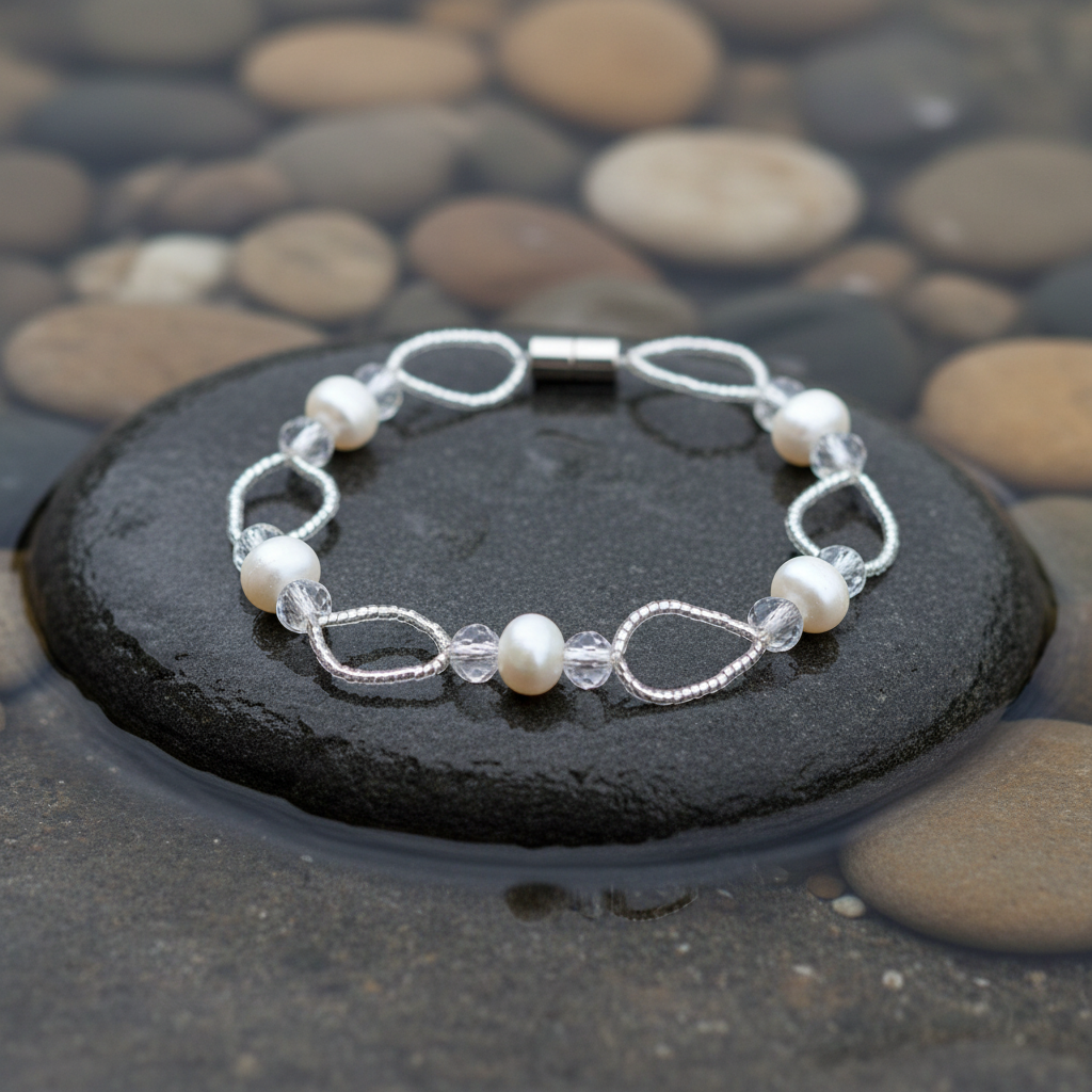 Wicio parel armband close-up op grijze natte steen bij oever