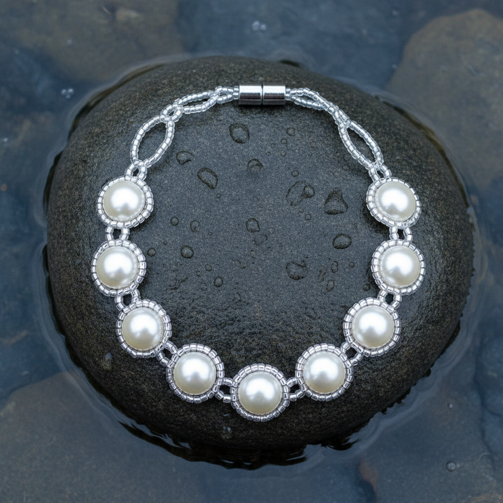 Witte button parels in dubbele zilverkleurige glaskralen zetting armband op natte grijze steen