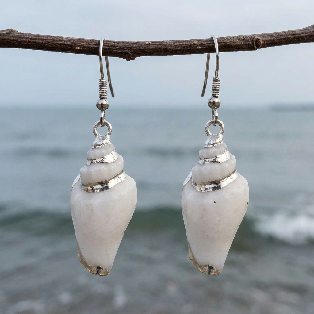Witte schelpoorbellen met zilveren details aan een takje met de zee op de achtergrond