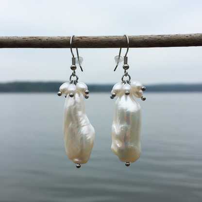 Witte zoetwater parel oorbellen met witte biwa parel met sterling zilver (925) hangend aan takje boven water | Biwa Bold