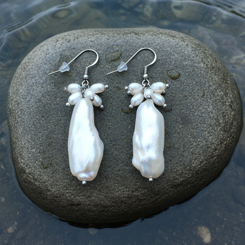 Witte zoetwater parel oorbellen met witte biwa parel met sterling zilver (925) liggend op steen in water | Biwa Bold
