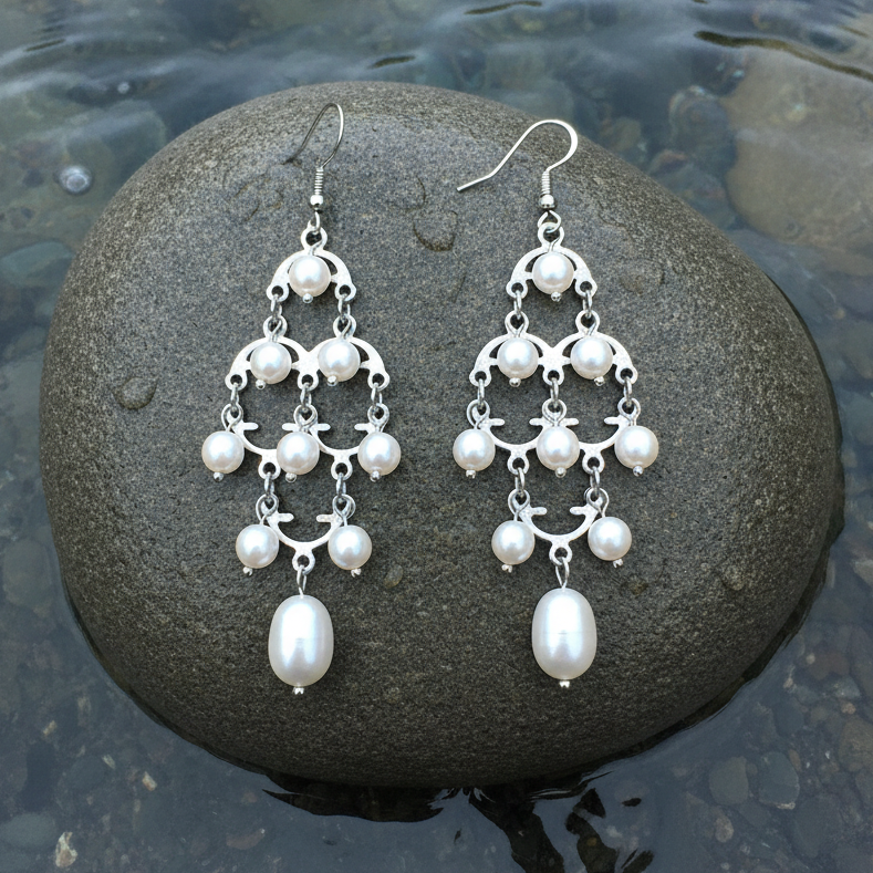Lange witte zoetwater parel oorbellen met sterling zilver (925)  liggend op steen in water | Gipsy