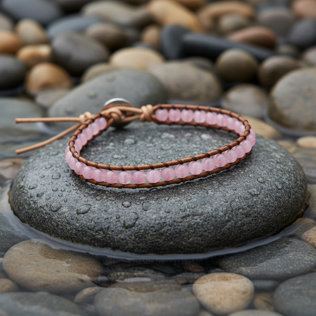 Wrap Little Rose Quartz edelstenen armband close-up op grijze natte steen bij oever
