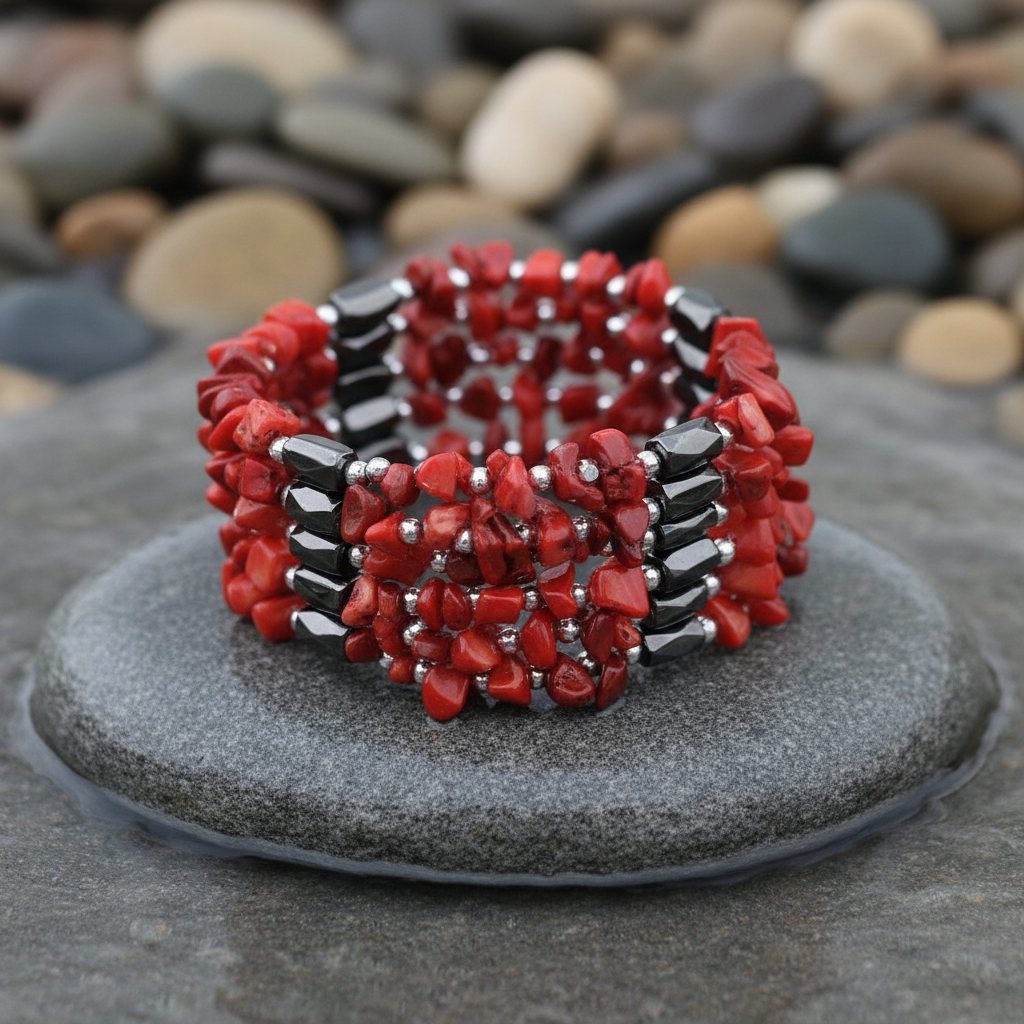 Wrap Magnetite Coral armband - nieuwe poging op grijze natte steen