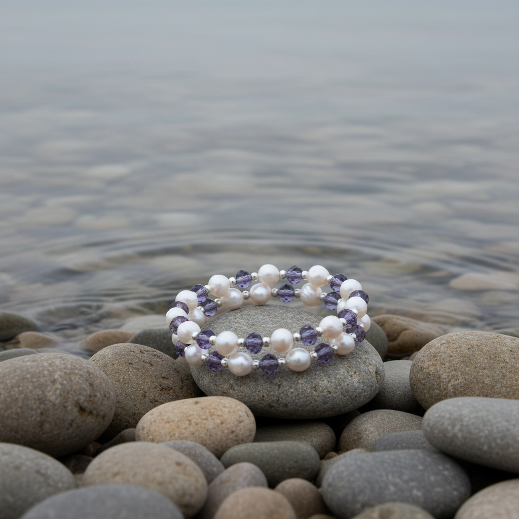 Wrap Pearl Purple Crystal armband - nieuwe variatie