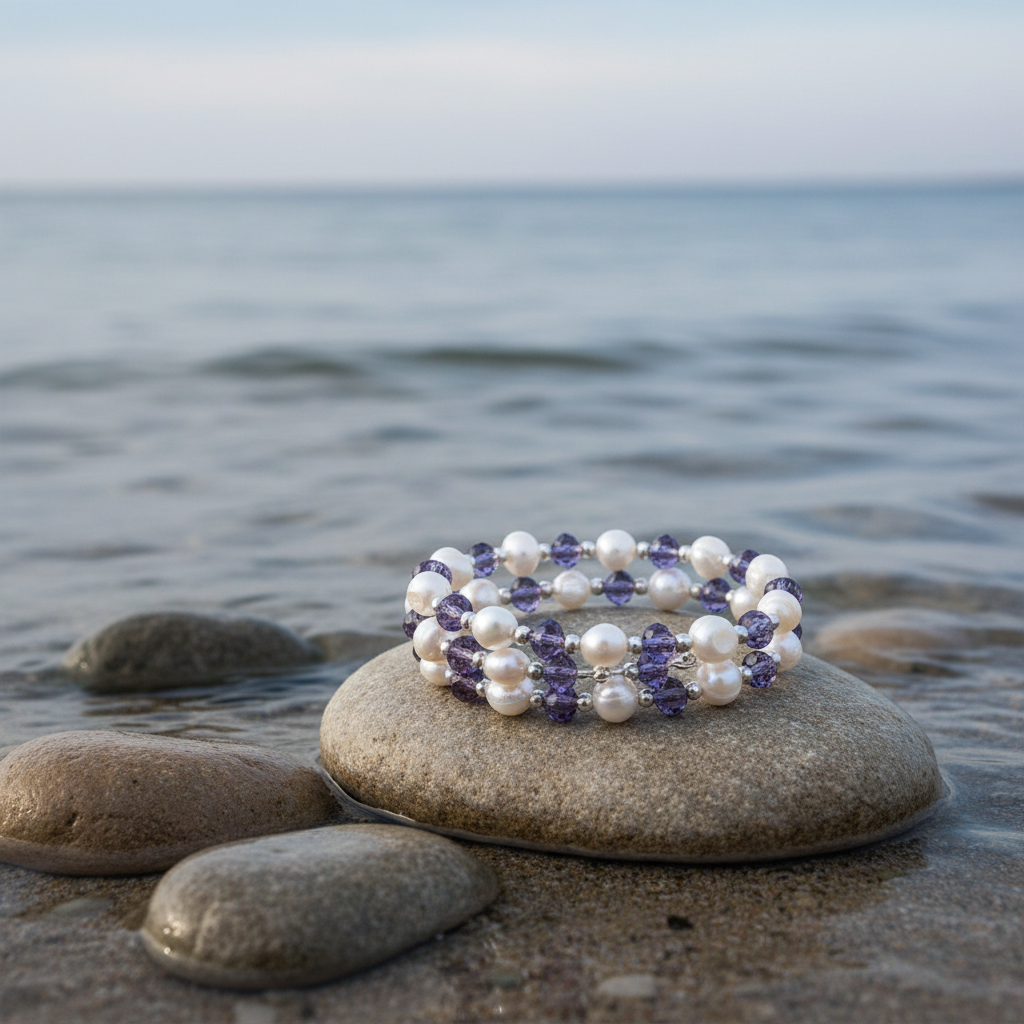 Wrap Pearl Purple Crystal armband - variatie
