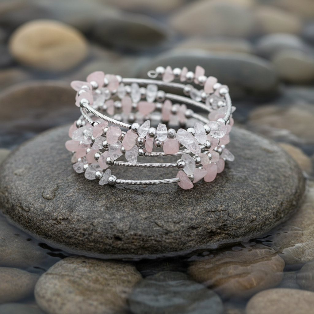 Wrap Rose Quartz Chip edelstenen wikkelarmband close-up op grijze natte steen bij oever