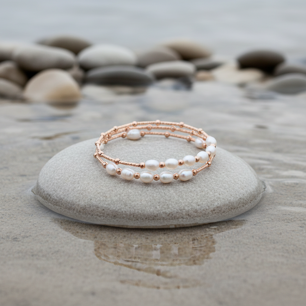 Wrap Rose White Pearl armband aan de waterkant