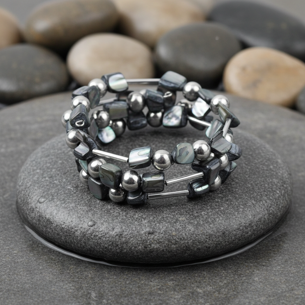 Wrap Shell Grey armband close-up op grijze natte steen bij oever