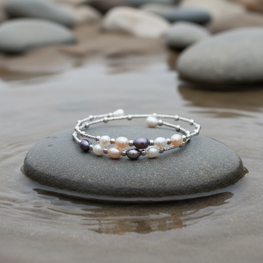 Wrap Silver Multi Pearl armband aan de waterkant