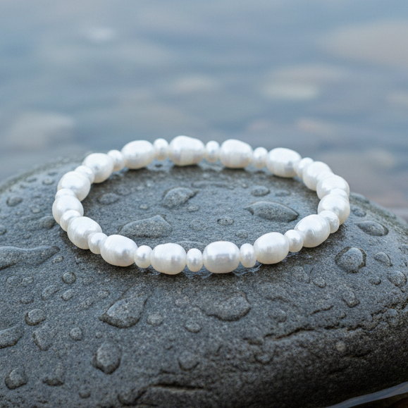 Zoetwater parel armband Big and Small op realistische grijze steen