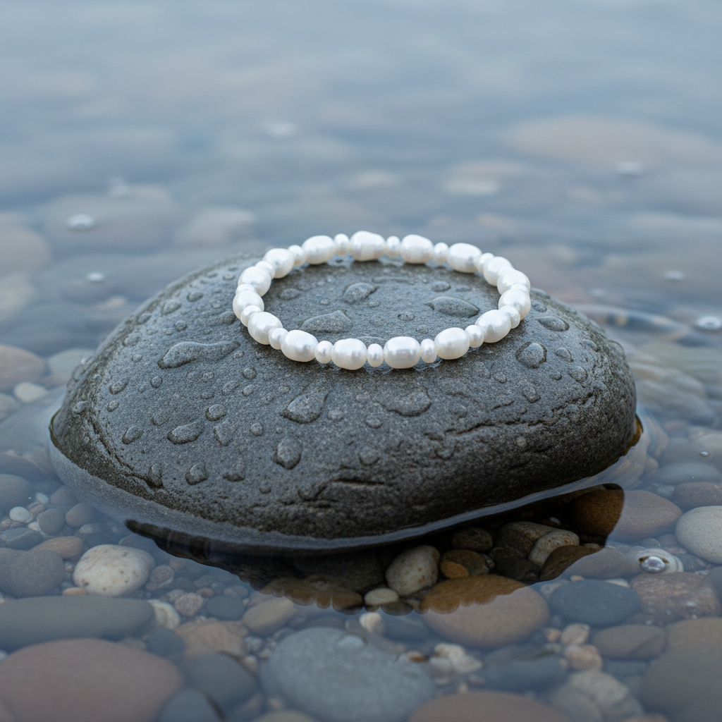 Zoetwater parel armband Big and Small op realistische grijze steen