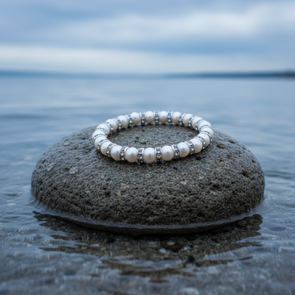 Wit zoetwater parel armband met stras steentjes liggend op steen in water, elastisch | Bling Pearl