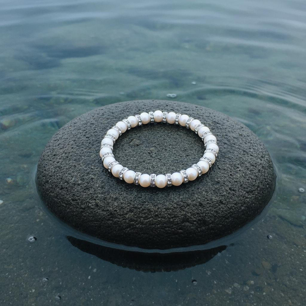Wit zoetwater parel armband met stras steentjes liggend op steen, elastisch | Bling Pearl