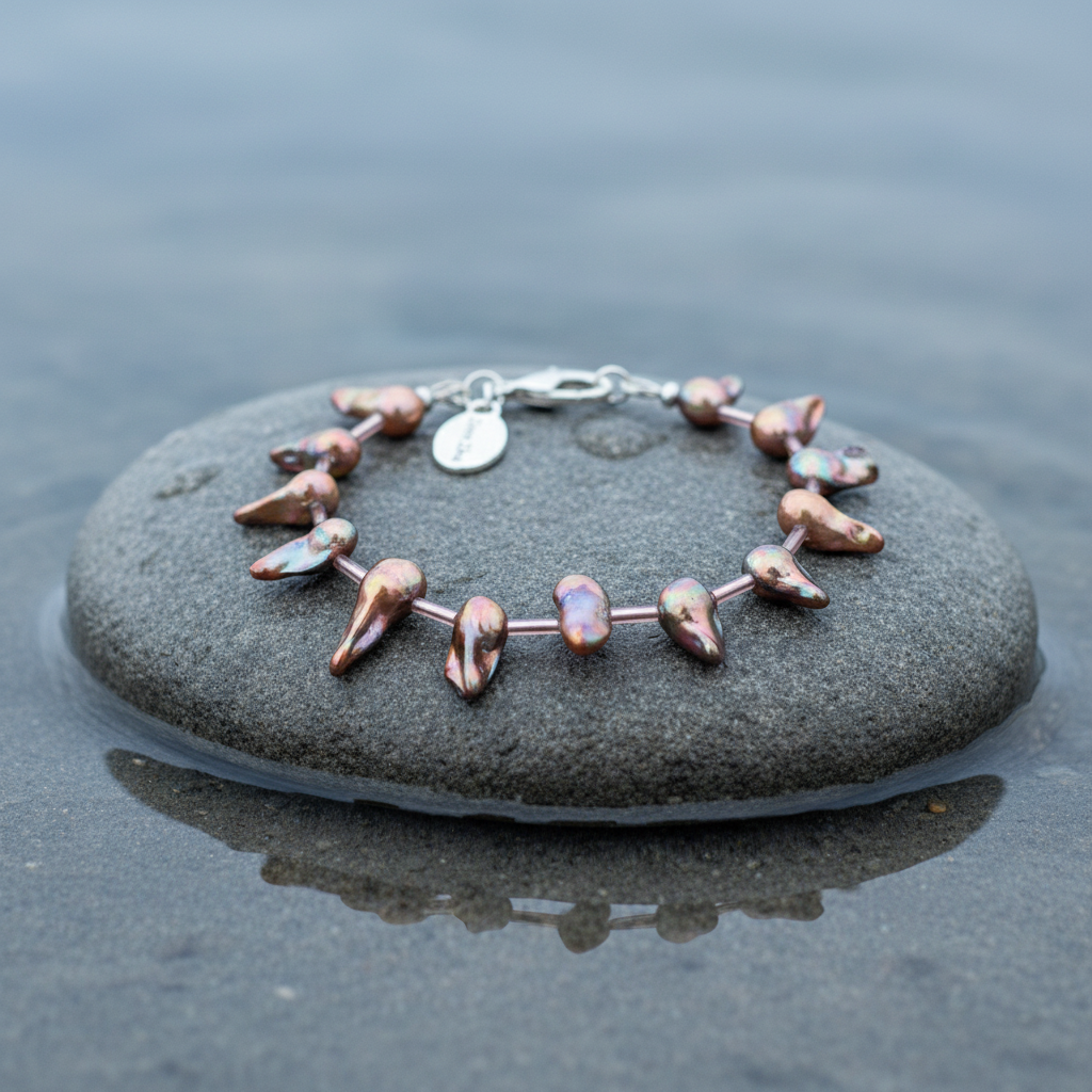 Zoetwater parel armband Blister Stick AB Brown - vooraanzicht op steen in water