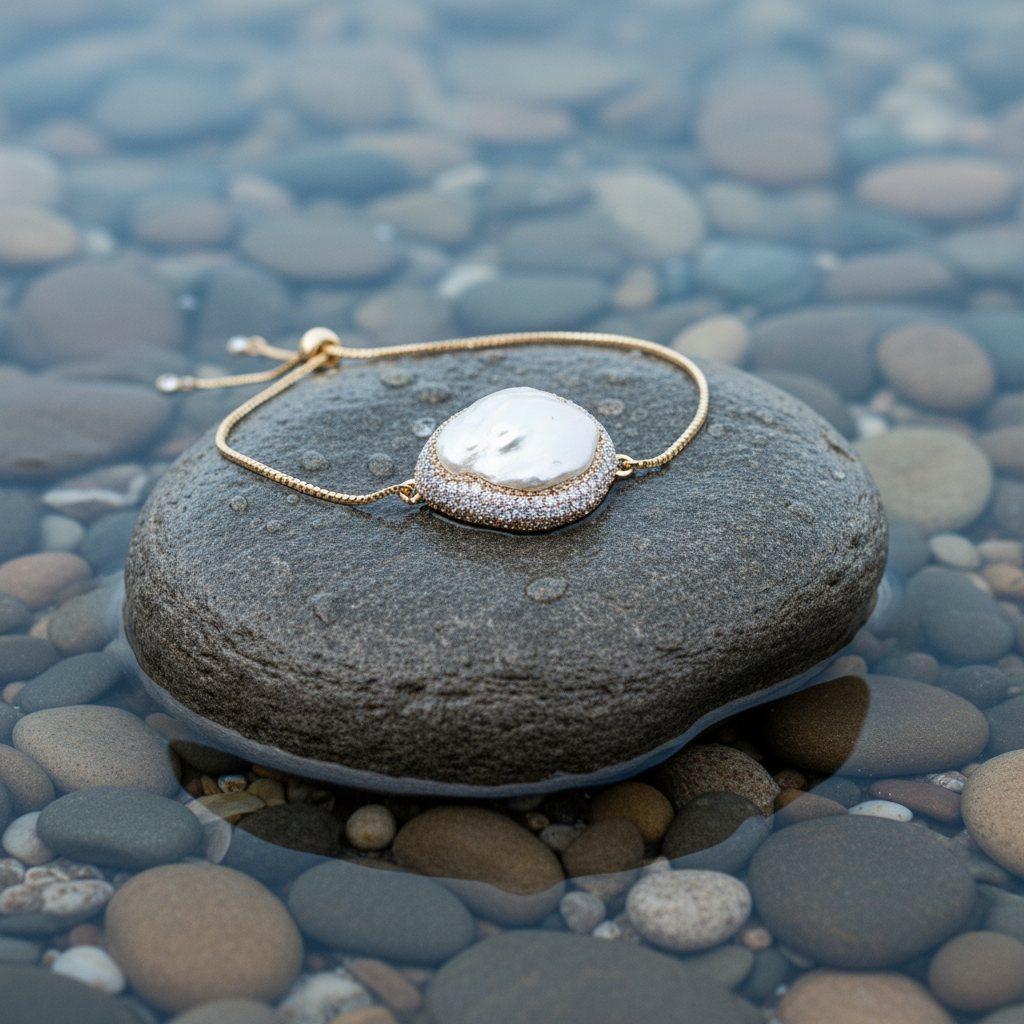 Zoetwater parel armband Bright Golden Fireball op realistische grijze steen - variant