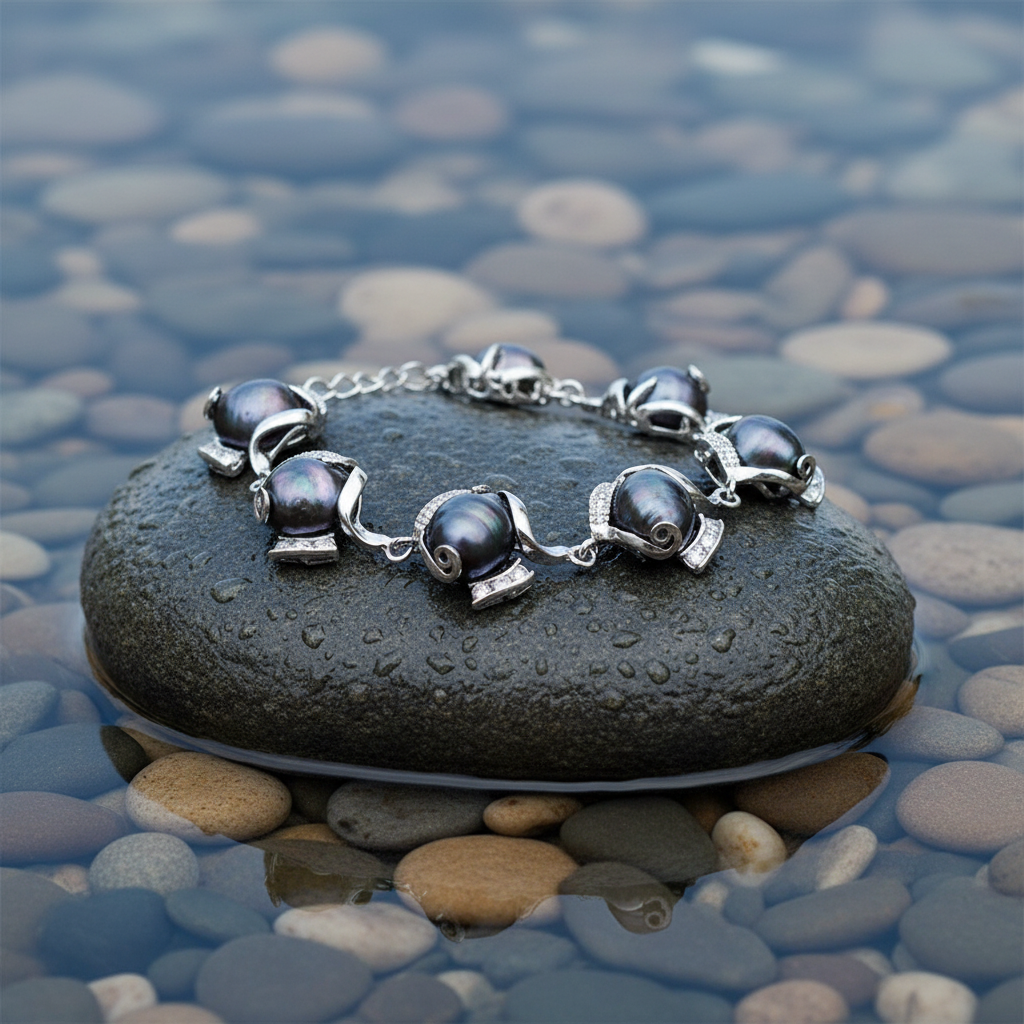 Zoetwater parel armband Evita Black op donkere grijze steen